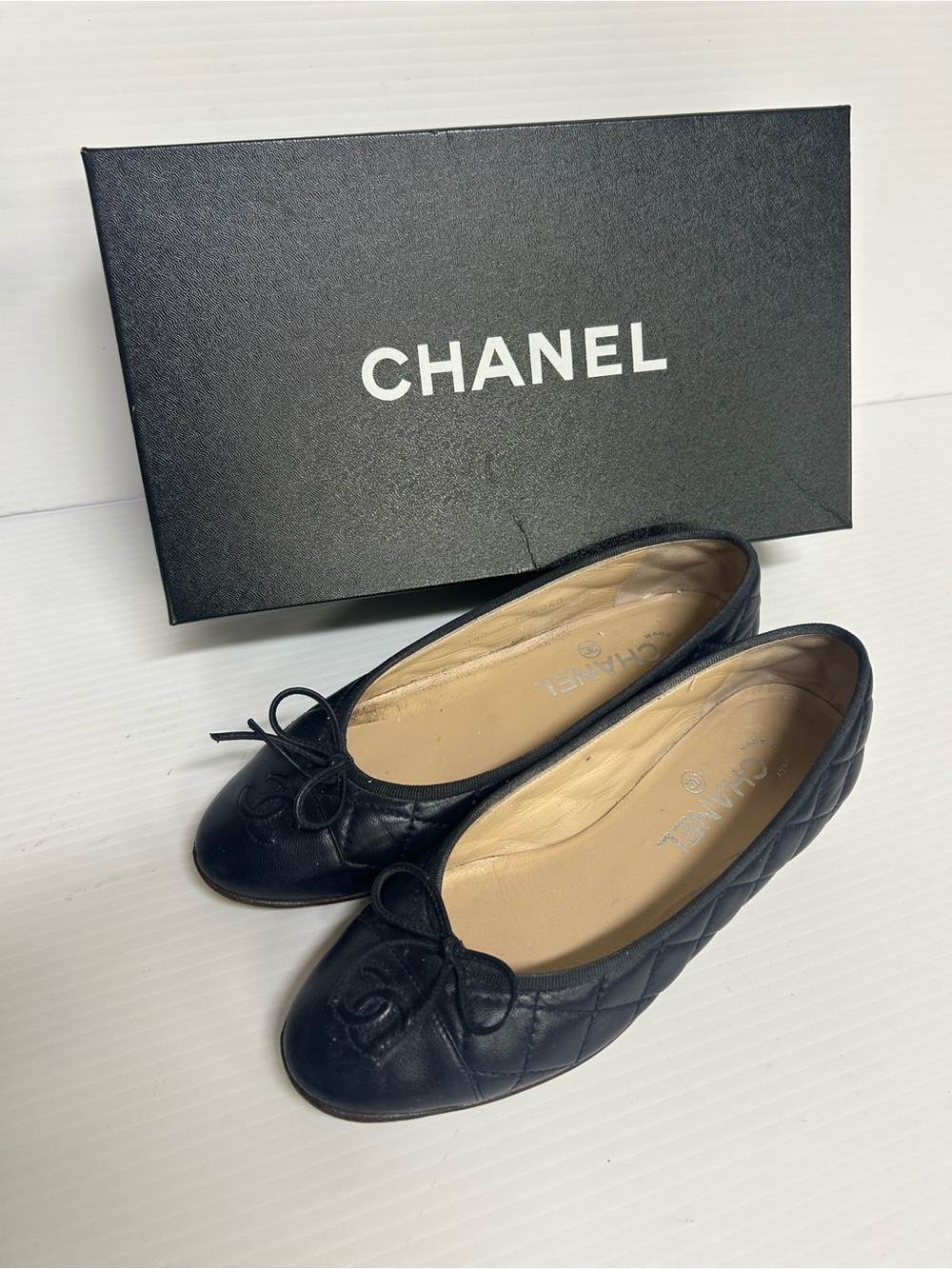 Chanel Blue Quilted  Ballet Flats CC Bow Classic Slippers Box Size 36